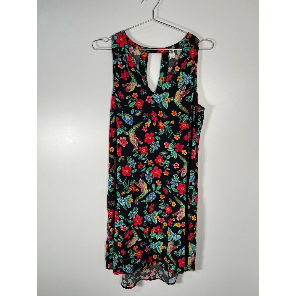 Old Navy Floral Hummingbird Shift Dress Black Sleeveless Flowy‎ Tank Dress Large